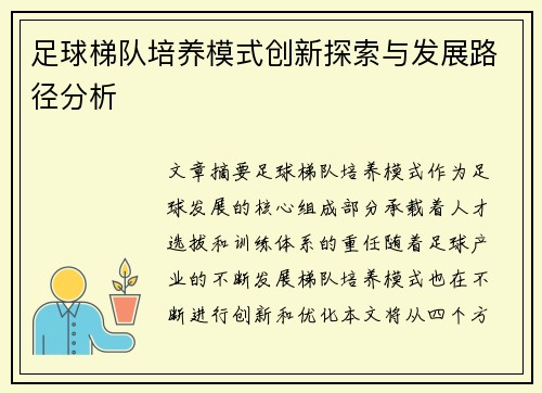 足球梯队培养模式创新探索与发展路径分析